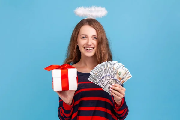 Optimistic Woman Wearing Striped Casual Style Sweater Nimb Head Holding — Stock Photo, Image