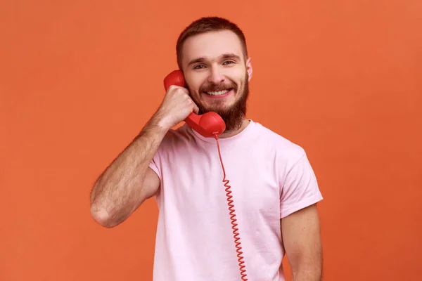 Portrait Bearded Man Talking Landline Telephone Holding Hand Handset Looking — Stock Photo, Image