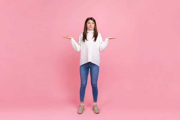 Full Length Portrait Helpless Pretty Female Spread Arms Does Know — Stock Photo, Image