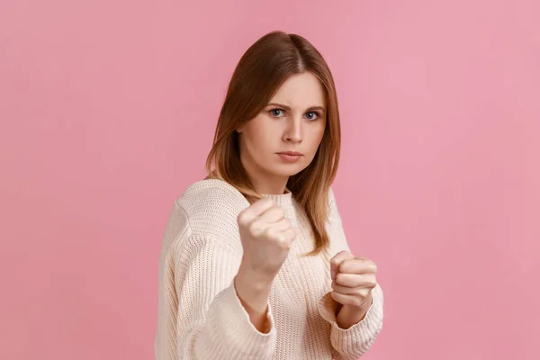 Portrait Angry Confident Attractive Blond Woman Clenching Fists Showing Boxing — Stock Photo, Image