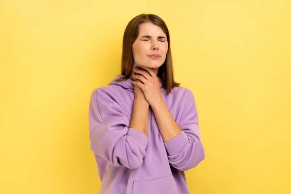 Portrait Unhealthy Woman Wincing Pain Touching Painful Neck Suffering Sore — Stock Photo, Image