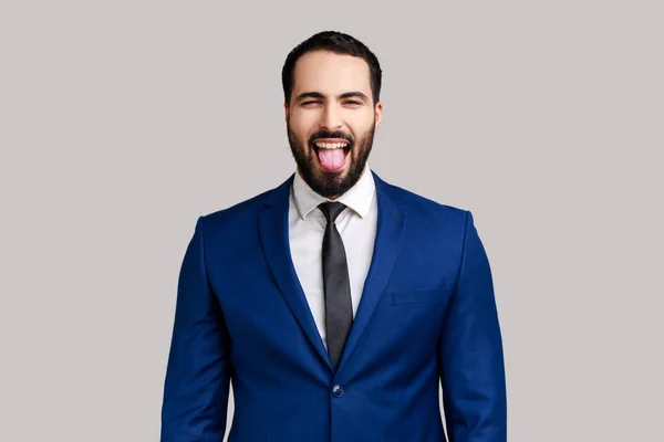 Portrait Playful Bearded Businessman Showing Tongue Having Fun Fooling Childish — Stock Photo, Image