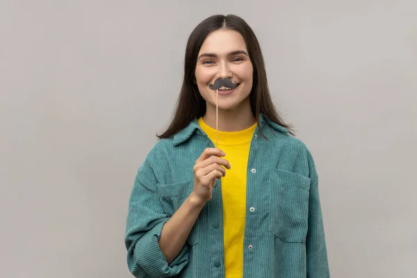 Portrait Funny Woman Dark Hair Standing Paper Mustache Stick Festive — Stock Photo, Image
