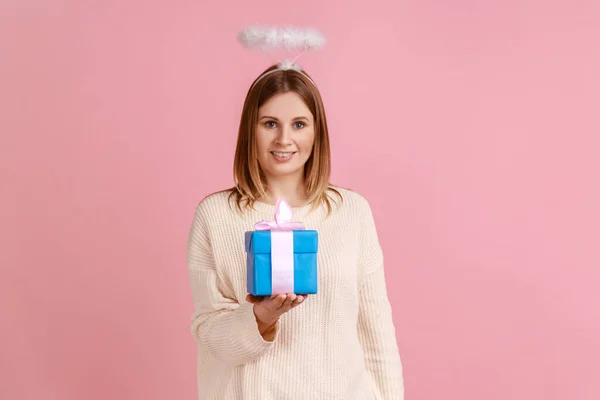 Portrait Happy Positive Blond Woman Halo Head Holding Wrapped Gift — Stock Photo, Image