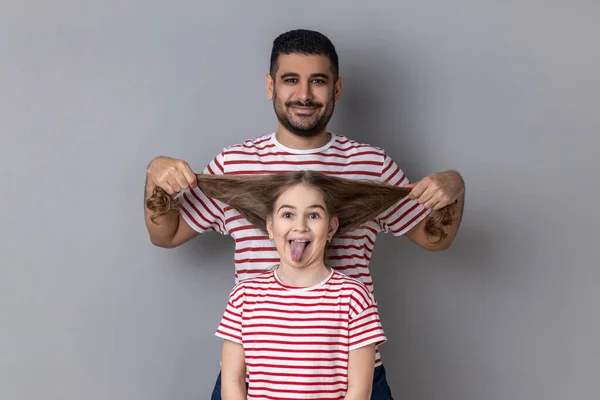Portrait Happy Funny Father Daughter Having Fun Cute Kid Showing — Stock Photo, Image
