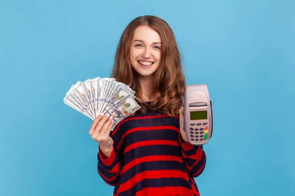 Optimistic Woman Wearing Striped Casual Sweater Showing Big Fan Dollars — Stock Photo, Image