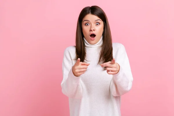 Extremely Astonished Female Pointing Camera Being Very Shocked Choose You — Stock Photo, Image