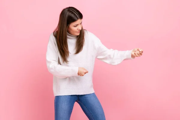 Pretty Woman Pulling Invisible Rope Great Effort Using All Strength — Stock Photo, Image