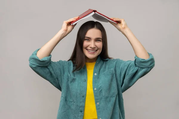 Funny Positive Woman Holding Opened Book Head Student Making Ritual — Stock Photo, Image