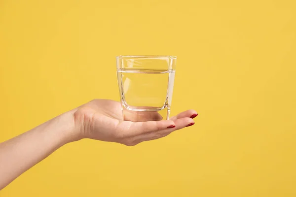 Close Woman Hand Holding Glass Water Palm Advertising Fresh Pure — Stock Photo, Image