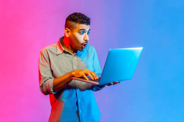 Portrait Man Shirt Doing Freelance Job Laptop Typing Email Surfing Stock Image
