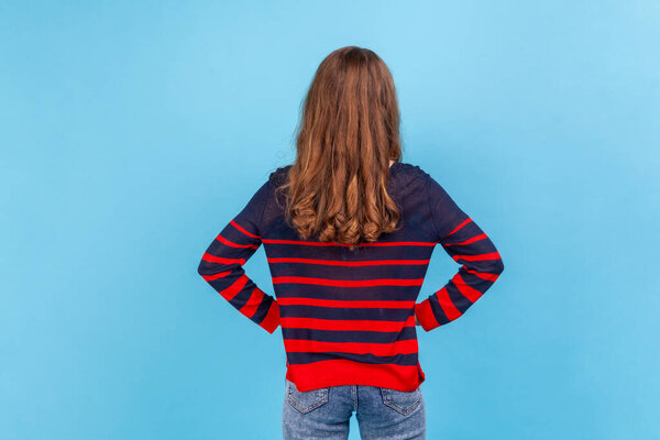 Back View Portrait Woman Wearing Striped Casual Style Sweater Posing Royalty Free Stock Photos