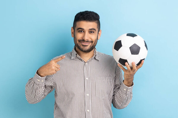 Portrait Handsome Businessman Pointing Finger Soccer Ball His Hand Smiling Royalty Free Stock Images