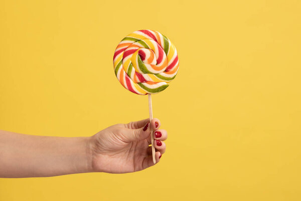 Closeup Woman Hand Holding Appetizing Rainbow Candy Stick Big Lollipop Stock Picture