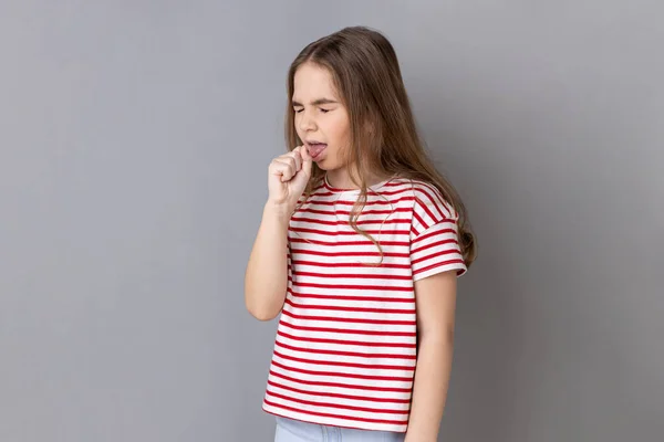 Portrait Unhealthy Sick Little Dark Haired Girl Wearing Striped Shirt — Stock Photo, Image