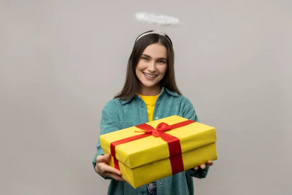 Portrait Friendly Woman Nimb Head Holding Out Wrapped Present Box — Stock Photo, Image