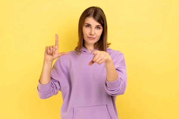 Portrait Frustrated Young Woman Showing Looser Gesture Pointing Camera Looking — Stock Photo, Image