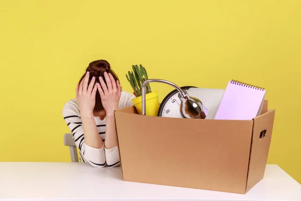 Sad Upset Desperate Young Woman Office Worker Sitting Workplace Cardboard — Stock Photo, Image