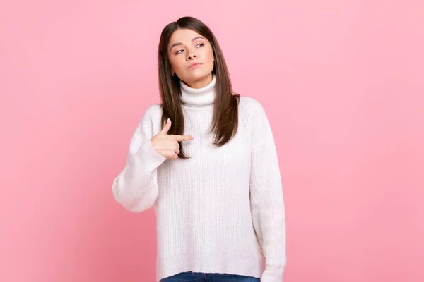 Portrait Confident Female Pointing Herself Feeling Proud Self Important Having — Stock Photo, Image