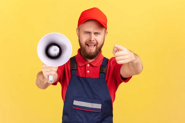 Strict Serious Worker Man Pointing Finger Camera Holding Loudspeaker Hand — Stock Photo, Image