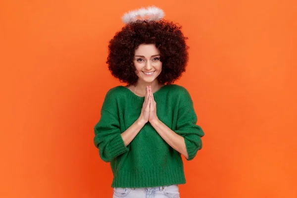 Portrait Angelic Woman Afro Hairstyle Wearing Green Casual Style Sweater — Stock Photo, Image