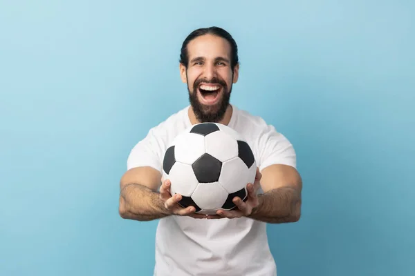 Portrait Man Beard Wearing White Shirt Holding Out Soccer Ball — ストック写真