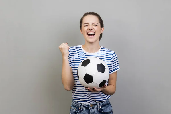 Portrait Woman Wearing Striped Shirt Screaming Holding Soccer Ball Celebrating — Photo