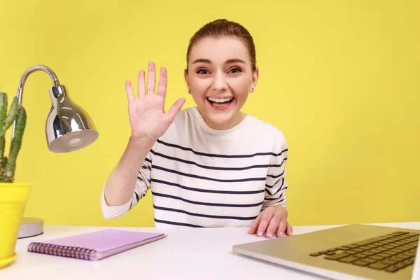 Happy Friendly Satisfied Woman Making Point View Photo Waving Hand — Foto Stock