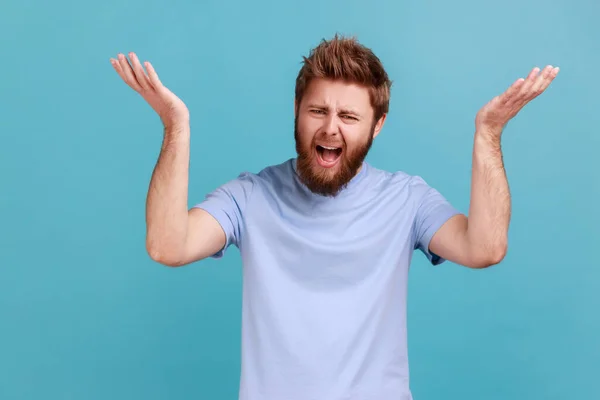 How Could You Portrait Frustrated Handsome Bearded Man Standing Raised — Stok fotoğraf