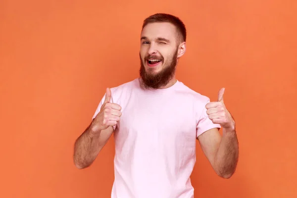 Portrait Positive Bearded Man Standing Thumbs Gesture Demonstrating Approval Agree — 图库照片