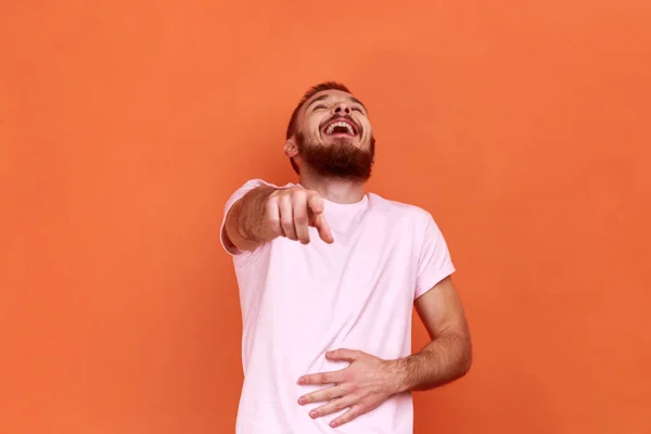 Portrait Funny Positive Bearded Man Laughing Out Loud Holding Belly — Fotografia de Stock