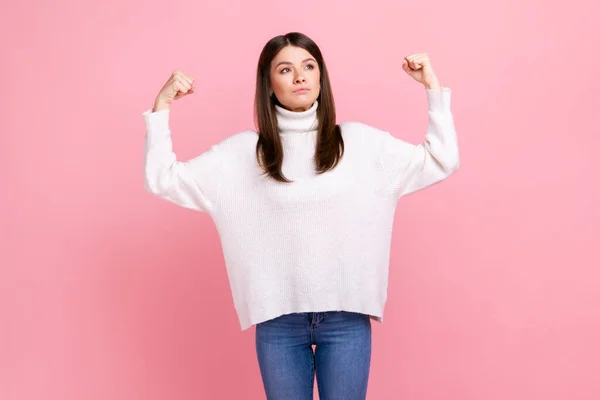 Confident Energetic Stylish Woman Raising Hands Showing Biceps Expressing Power — Stock Fotó