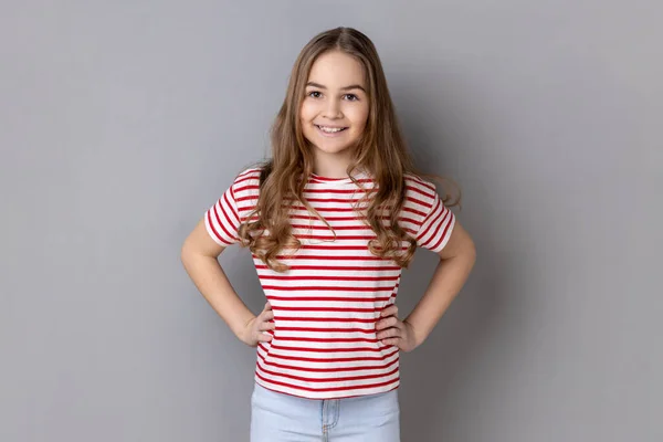 Portrait Cheerful Smiling Little Girl Wearing Striped Shirt Standing Looking — ストック写真
