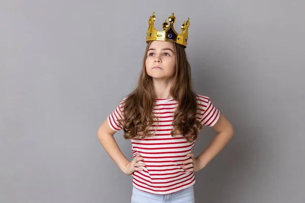 Portrait Confident Little Girl Princess Wearing Striped Shirt Keeping Hands — Φωτογραφία Αρχείου