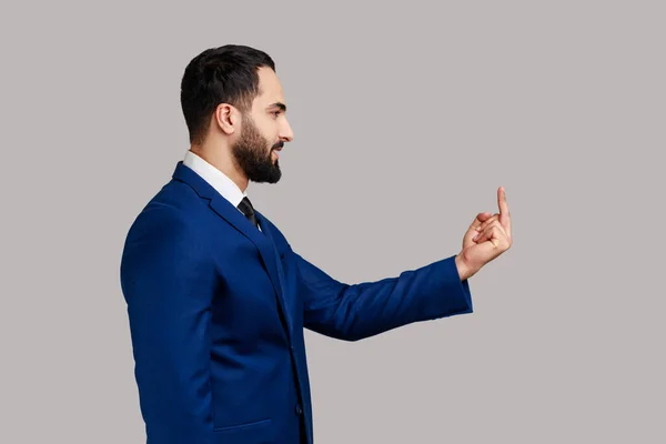 Side View Strict Serious Rude Bearded Man Looking Camera Showing — Foto de Stock