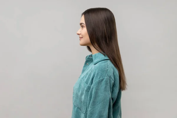 Side View Happy Successful Young Woman Standing Looking Camera Charming — Stockfoto
