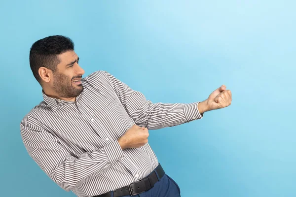 Side View Strong Purposeful Businessman Beard Pulling Invisible Rope Showing — Stock Photo, Image