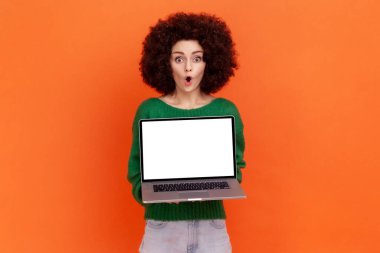 Afro saçlı, yeşil günlük giyimli, süveter giyen, dizüstü bilgisayarı boş tutan, şok edici reklamlar yapan bir kadın. Turuncu arka planda kapalı stüdyo çekimleri.