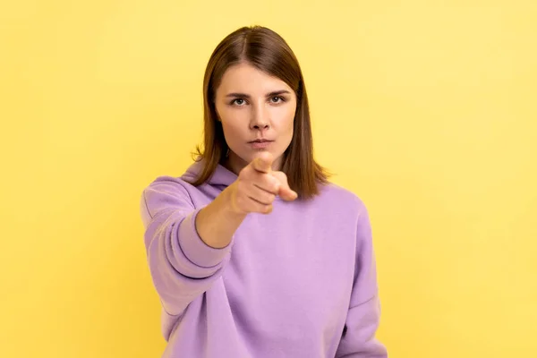 Hey You Careful Young Adult Strict Bossy Woman Seriously Pointing — Stockfoto