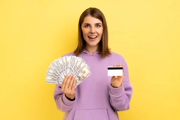 Portrait Smiling Positive Woman Dark Hair Holding Fan Dollars Banknotes — 스톡 사진