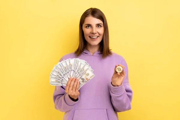 Portrait Optimistic Dark Haired Woman Holding Bitcoin Big Fan Dollar — Foto de Stock