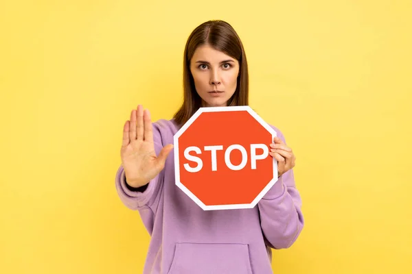 Portrait Strict Bossy Woman Showing Stop Gesture Holding Red Stop — Foto Stock