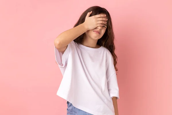 Don Want Look Portrait Little Girl Wearing White Shirt Covering — Fotografia de Stock