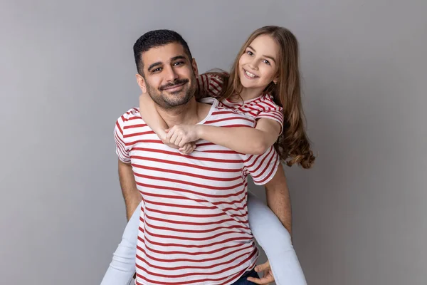 Portrait Positive Optimistic Father Daughter Striped Shirts Spending Time Together — Φωτογραφία Αρχείου