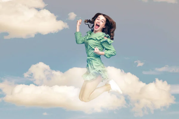 Delighted Amazed Girl Flying Mid Air Raised Fists Shouting Joy — Stock Photo, Image