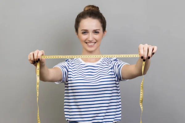 Portrait Joyful Cheerful Positive Woman Designer Seamstress Wearing Striped Shirt stockbilde