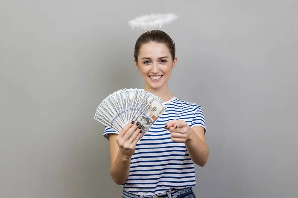 Portrait Smiling Positive Woman Wearing Striped Shirt Nimb Head Holding — Stock Photo, Image
