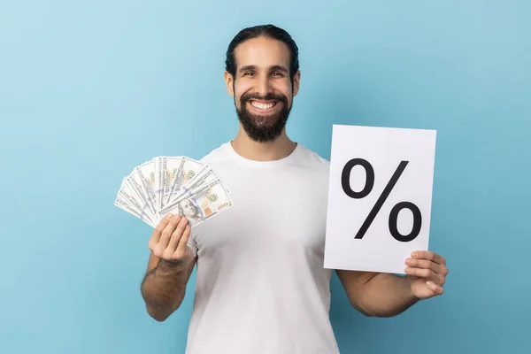 Portrait Joyful Optimistic Man Beard Wearing White Shirt Holding Paper — Stockfoto