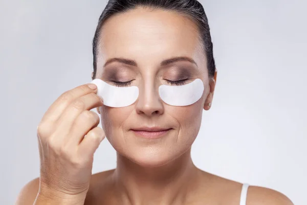 Closeup Portrait Middle Aged Woman Cosmetic Collagen Patches Eyes Enjoys — Stock Fotó