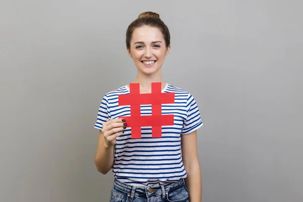 Hashtag Blogging Portrait Smiling Positive Optimistic Woman Wearing Striped Shirt — Stock Photo, Image
